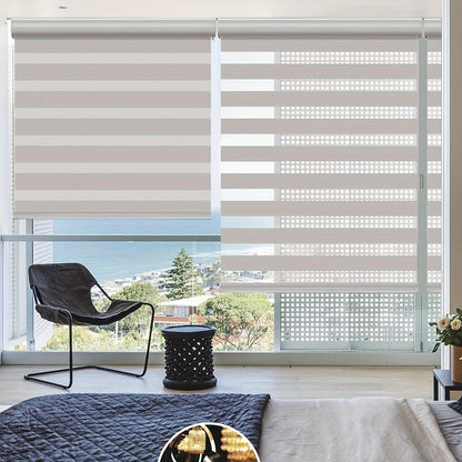 Cordless Zebra Roller Shade with Valance – Day Night Window Blind, Light Filtering Dual Layer Window Treatment Mesh Opaque Fabric