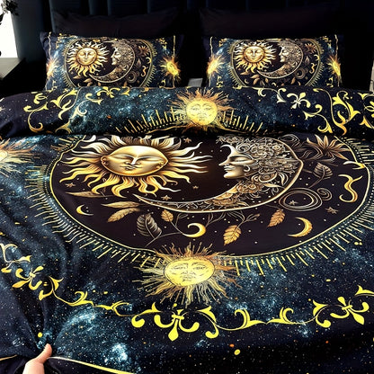3-Piece Ultra-Soft Breathable Golden Sun Moon Planet Duvet Cover Set (1 Duvet Cover + 2 Pillowcases, Pillow Inserts Not Included), High-Definition Digital Print for Home and Dormitory Use