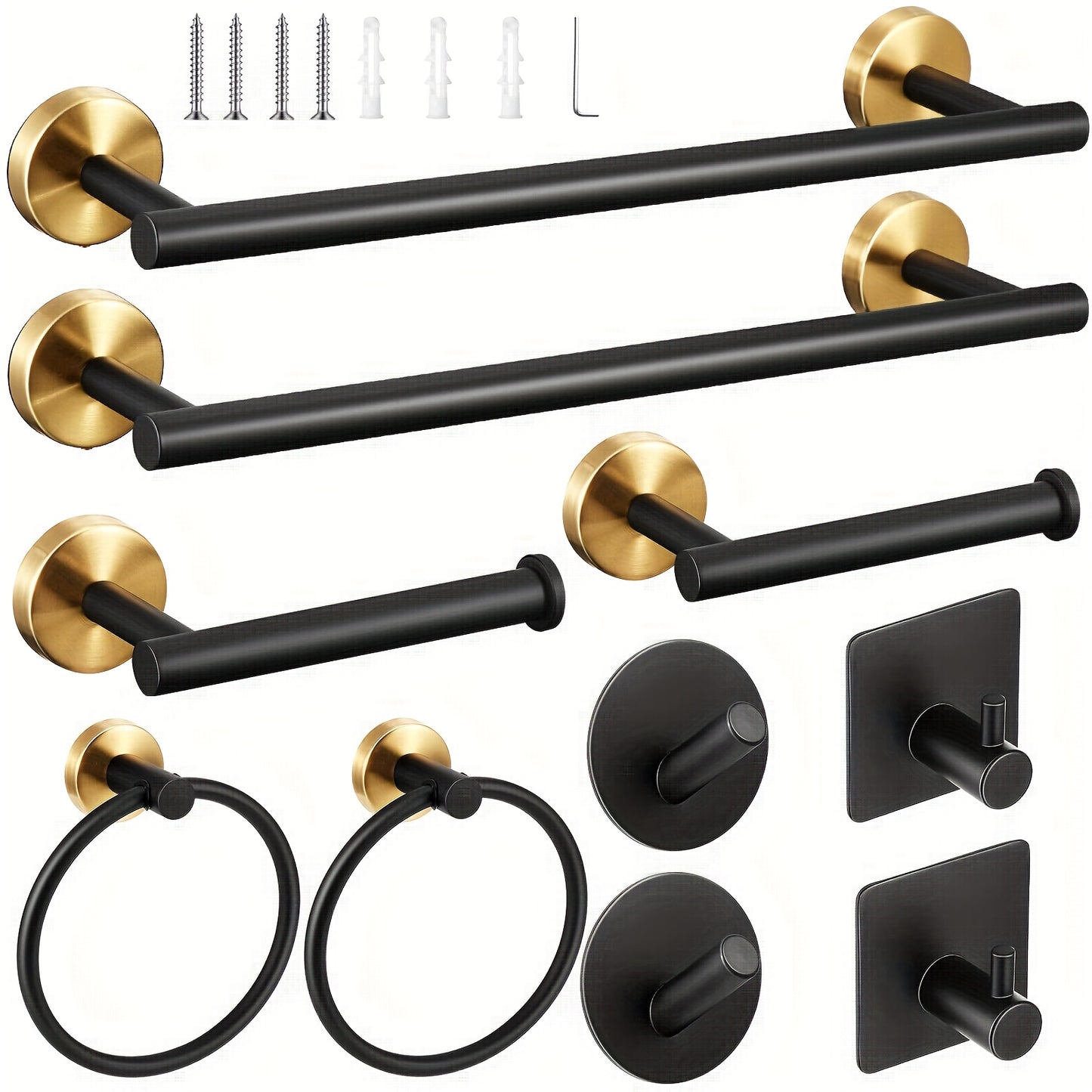 10pcs Matte Black Bathroom Hardware Set - SUS304 Stainless Steel Modern Wall-Mounted Towel Bar (16 Inch), Toilet Paper Holder, Angled Hooks & 2 Robe Hooks with Screws & Anchors - Rust-Resistant Bathroom Organizer for Towels, Robes, Accessories - Easy Inst
