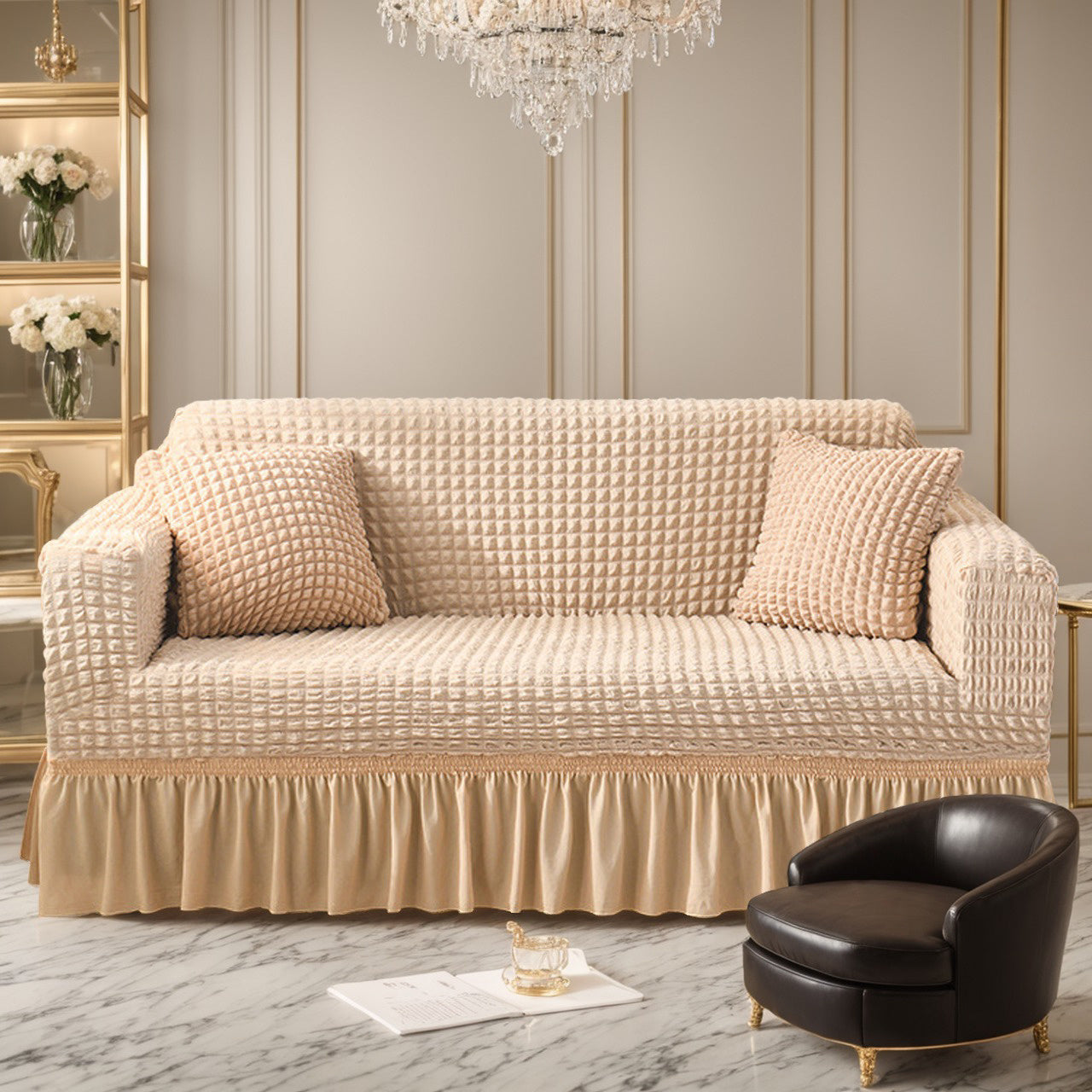 Seersucker Sofa Slipcover Set for Couch Cushion Durable Washable High Elastic Stretchable Furniture Couch Covers with Skirt for Sofa 1/2/3/4 Seater Arm Chair