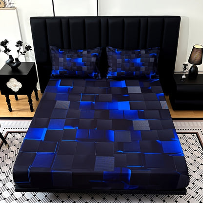 3pcs Cool Technology Digital Printing Material Plaid Fitted Sheet(1pc Bed Sheet+2pcs Pillowcase No Filling) Deep Pocket In 15 Inch, At Home Dormitory Suitable for All Seasons Mattress Protector