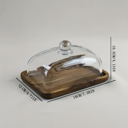 Retro Wooden Butter Dish With Glass Lid, Multifunctional Serving Tray For Weddings, Parties & Desserts - Durable, Easy To Clean, Perfect For Cakes, Fruits & Snacks