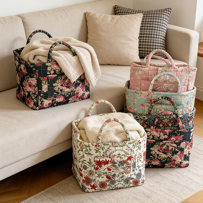 Floral Storage Basket Large Capacity Quilted Vintage Flower Pattern Portable Home Organizer Basket for Shelf Bedroom Closet Living Room Pink Peony Red Marigold Boho Decor