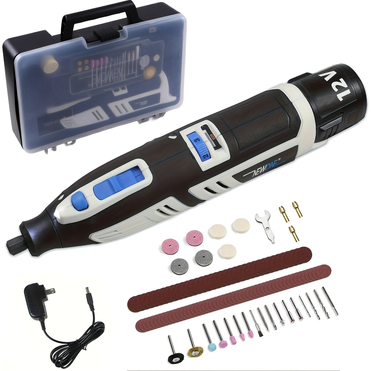 NEWONE 12V Cordless Rotary Tool Kit, 12V Rotary Tool with 2.0A Rechargeable Battery, 6 Variable Speeds, 48pcs Additions for Sanding, Polishing, Carving, Cutting, Drilling And Crafts