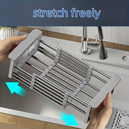 Stainless Steel Adjustable Sink Storage Rack - Extended Dish Rack with Drainless Design, Space Saving Modern Kitchen Storage, Adjustable Height And Retractable Width, Dish Drying Rack for Countertops, Durable And Easy to Clean Surface