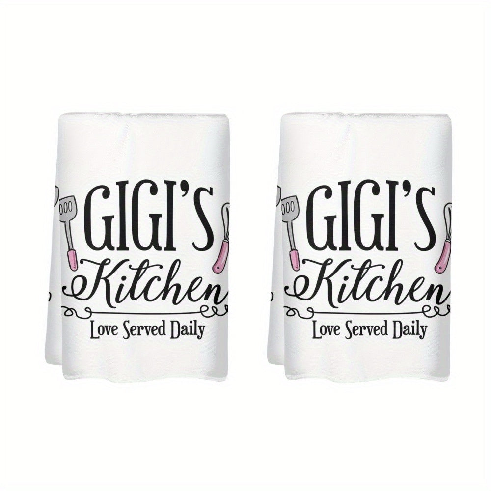 2pcs Gigi's Kitchen Polyester Dish Towels 23.6x15.7 Inch - Modern Cartoon Theme with Playful Utensil Graphics & "Love Served Daily" Text, Lightweight Decorative Hand Towels for Home & Hotel Use, Hand Wash Only, Kitchen Towels