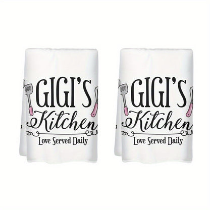 2pcs Gigi's Kitchen Polyester Dish Towels 23.6x15.7 Inch - Modern Cartoon Theme with Playful Utensil Graphics & "Love Served Daily" Text, Lightweight Decorative Hand Towels for Home & Hotel Use, Hand Wash Only, Kitchen Towels