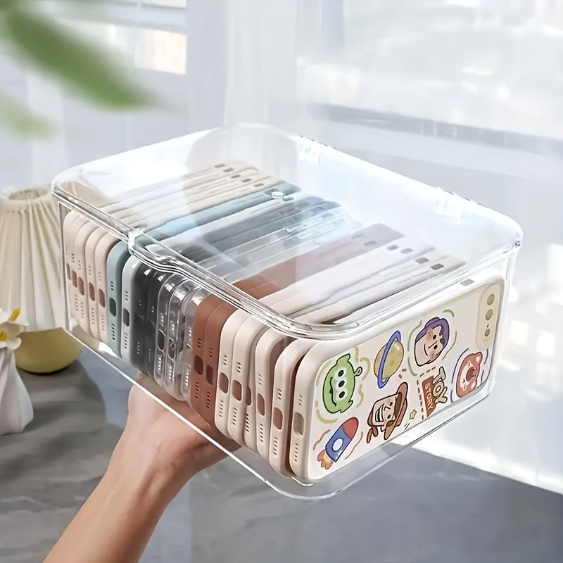 Clear Acrylic Phone Case Organizer With Lid - Versatile Desktop Storage Basket For Home And Office Essentials