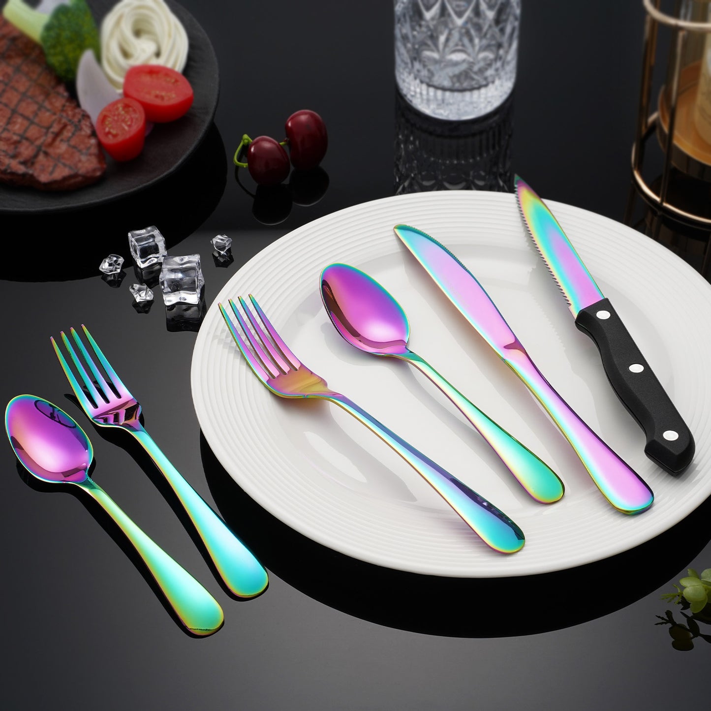 24PCS Modern Flatware Set, Stainless Steel Silverware Set with Steak Knife For 4, Rainbow Cutlery Set, Mirror Polished, Ideal for Home, Kitchen, Celebrations