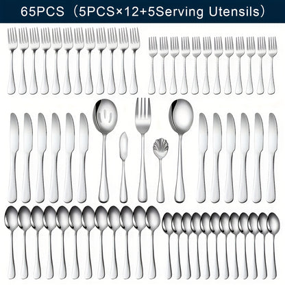 20/24/30/65pcs Stainless Steel Silverware Set, Flatware Set for Kitchen, Cutlery Set with Forks, Spoons, Knives, Serving Set, Modern Flatware Set Service for 4/4/6/12