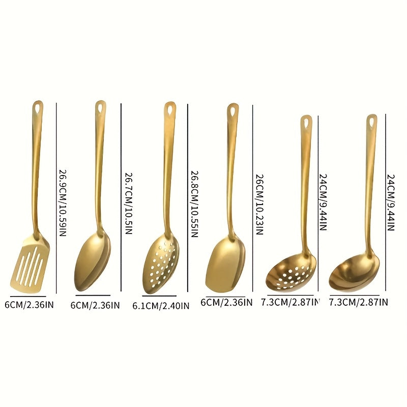 6pcs Set of Korean Style Stainless Steel Golden-plated Kitchen Utensils: Home Cooking Spoons, Frying Flip Spoons - Essential Luxury Golden Service Spoons with Filters and Hot Pot Clips, Perfect for Cooking, Buffets, Restaurant Banquets