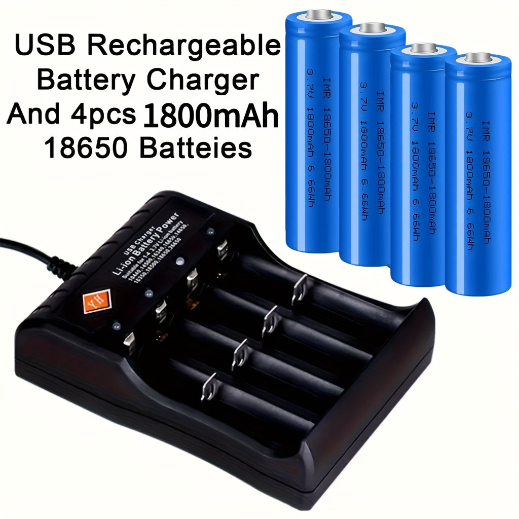 18650 Rechargeable Batteries 3.7V 4-Pack with USB Smart Charger LED Indicator Compatible with 18650 26650 14500 for LED Flashlight Headlamp Fan Torch