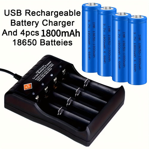 18650 Rechargeable Batteries 3.7V 4-Pack with USB Smart Charger LED Indicator Compatible with 18650 26650 14500 for LED Flashlight Headlamp Fan Torch