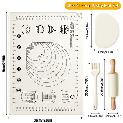 4pcs Silicone Baking Mat Set, Extra Thick Non-Stick Dough Kneading Mats with Measurement Scales, Reusable Rolling Pins, Non-Slip Pastry Mats, Perfect for Tabletop Baking, Multi-Functional Set Includes Dough Scraper, Storage Bag, and Rolling Pin