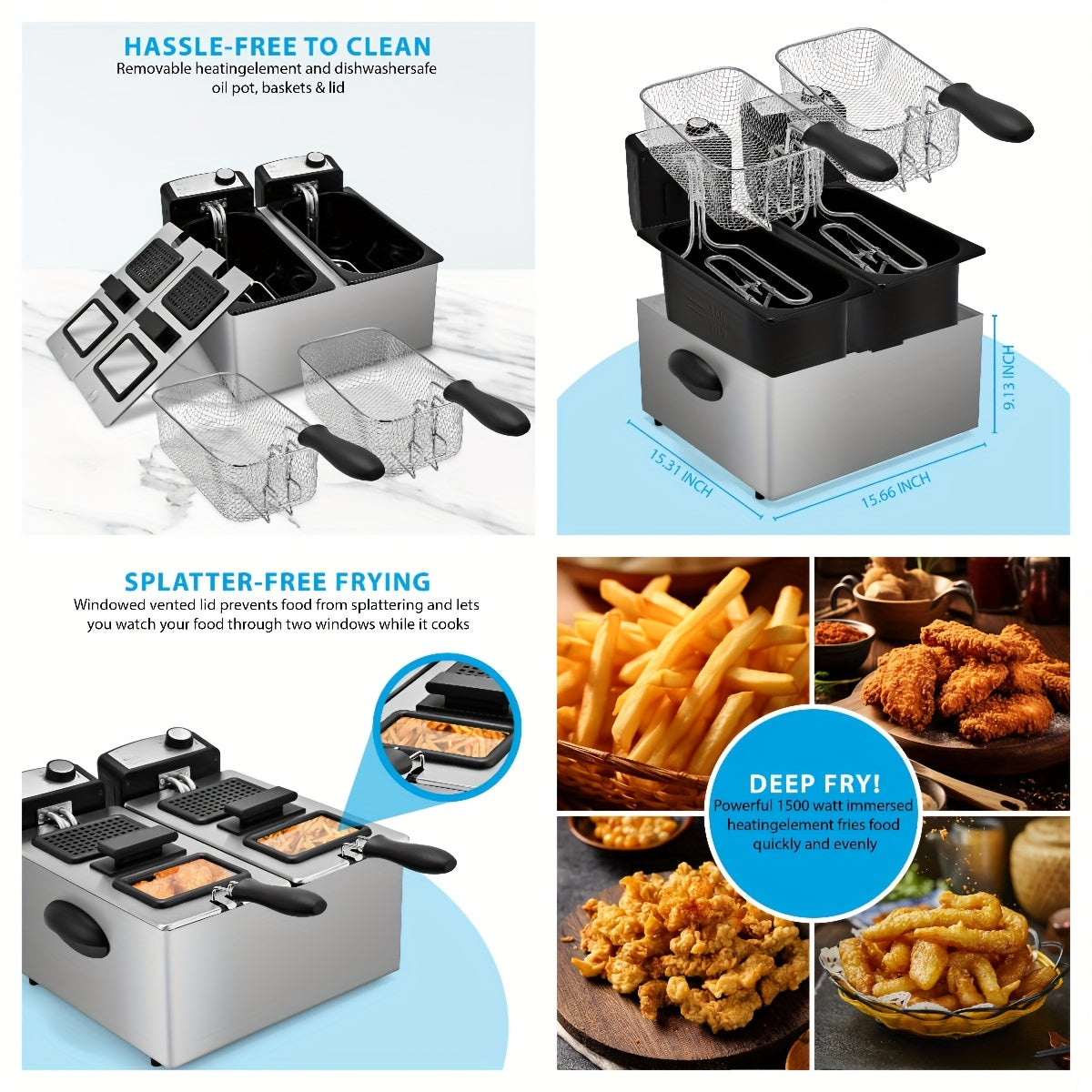 SUSTEAS 1800/1500W/900W Electric Deep Fryer with Stainless Steel Basket | Large Capacity, Adjustable Temperature, Easy-Clean Pot, Foldable Handle, Compact Durable Design | Stylish Kitchen Appliance & Essential Tool for Family Dinners, Parties
