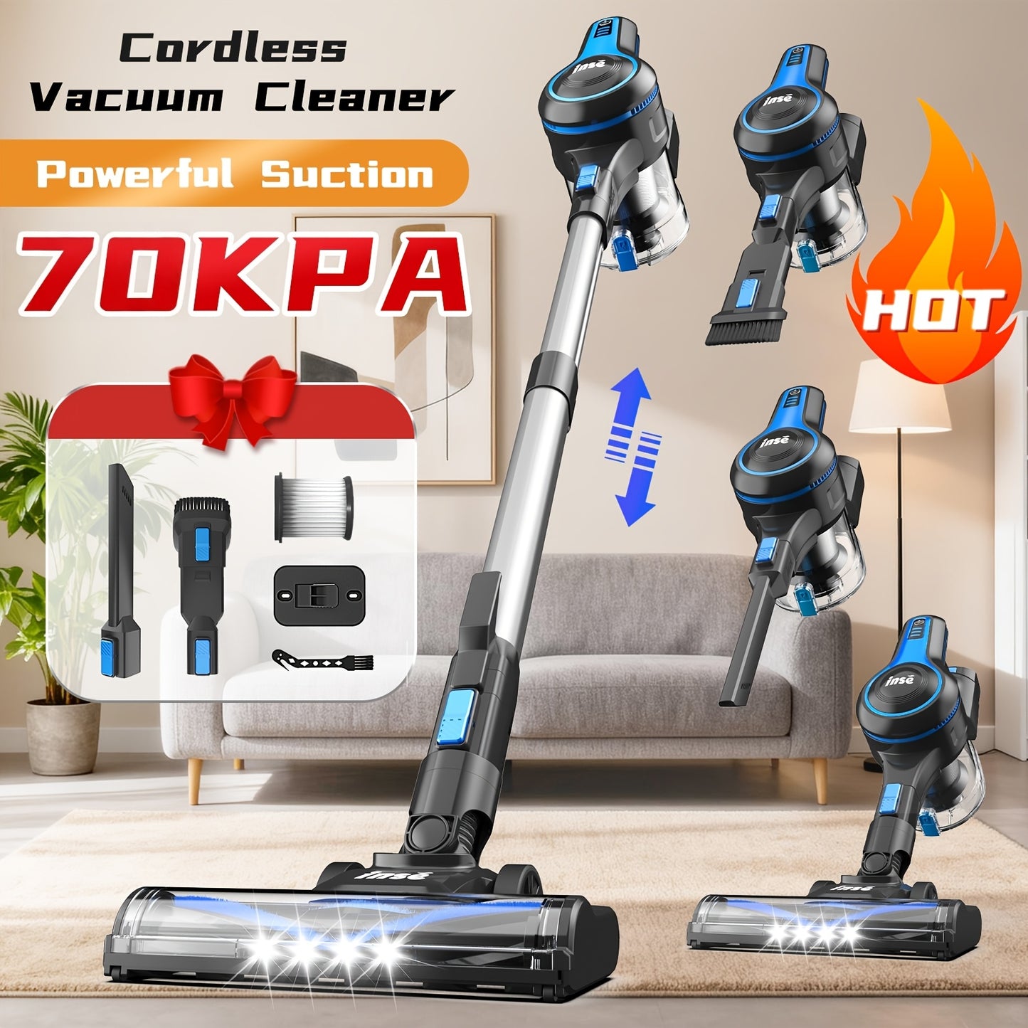 Vacuum Cleaner Cordless & Corded 2-in-1, INSE 35-70KPA Powerful Suction 6-in-1 Handheld Vacuum with Detachable Battery, 45-Min Runtime, 50.5oz Dust Cup, LED Brush – For Home Hardwood Floor Carpet Pet Hair