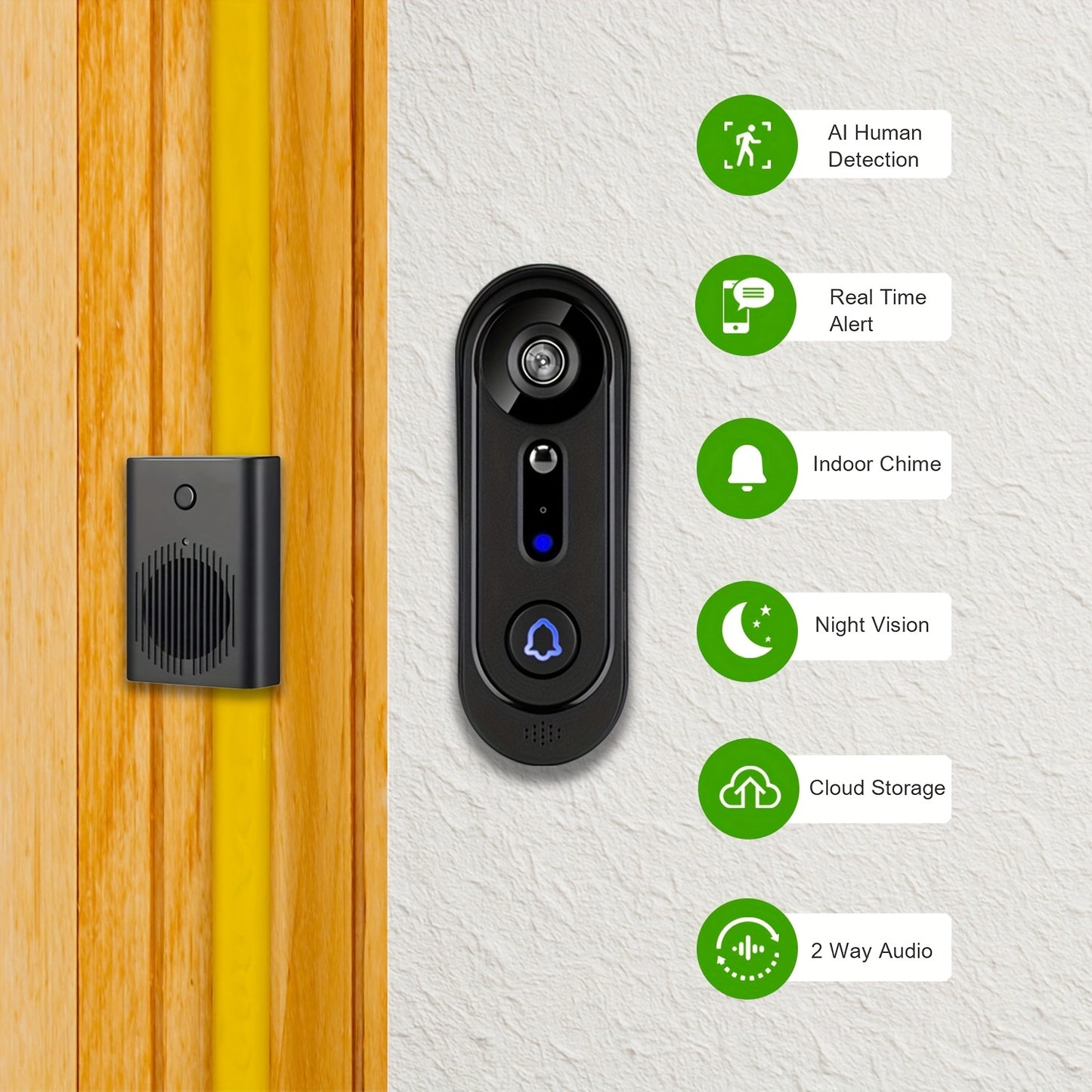 Doorbell Camera Wireless 1080P, Alert, Night Vision, Motion Detection, Indoor Chime, Two Way Audio, Battery Power, Only 2.4Ghz, Cloud Storage
