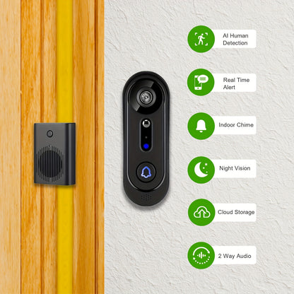 Doorbell Camera Wireless 1080P, Alert, Night Vision, Motion Detection, Indoor Chime, Two Way Audio, Battery Power, Only 2.4Ghz, Cloud Storage