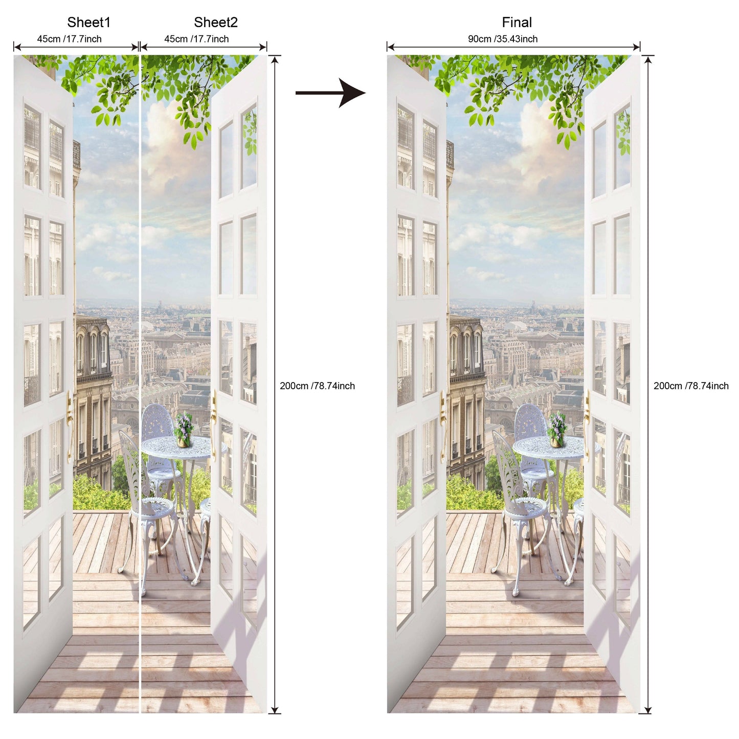 35.43*78.74inch Push Open Door Balcony Scenery Door Sticker, Removable, Waterproof, Large Home Wall Sticker, Bedroom Living Room Mural, Peel And Stick Wallpaper, Wall Decoration, Wall Art, Home Creativity