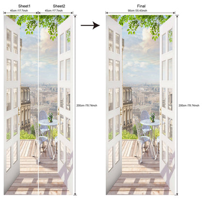 35.43*78.74inch Push Open Door Balcony Scenery Door Sticker, Removable, Waterproof, Large Home Wall Sticker, Bedroom Living Room Mural, Peel And Stick Wallpaper, Wall Decoration, Wall Art, Home Creativity