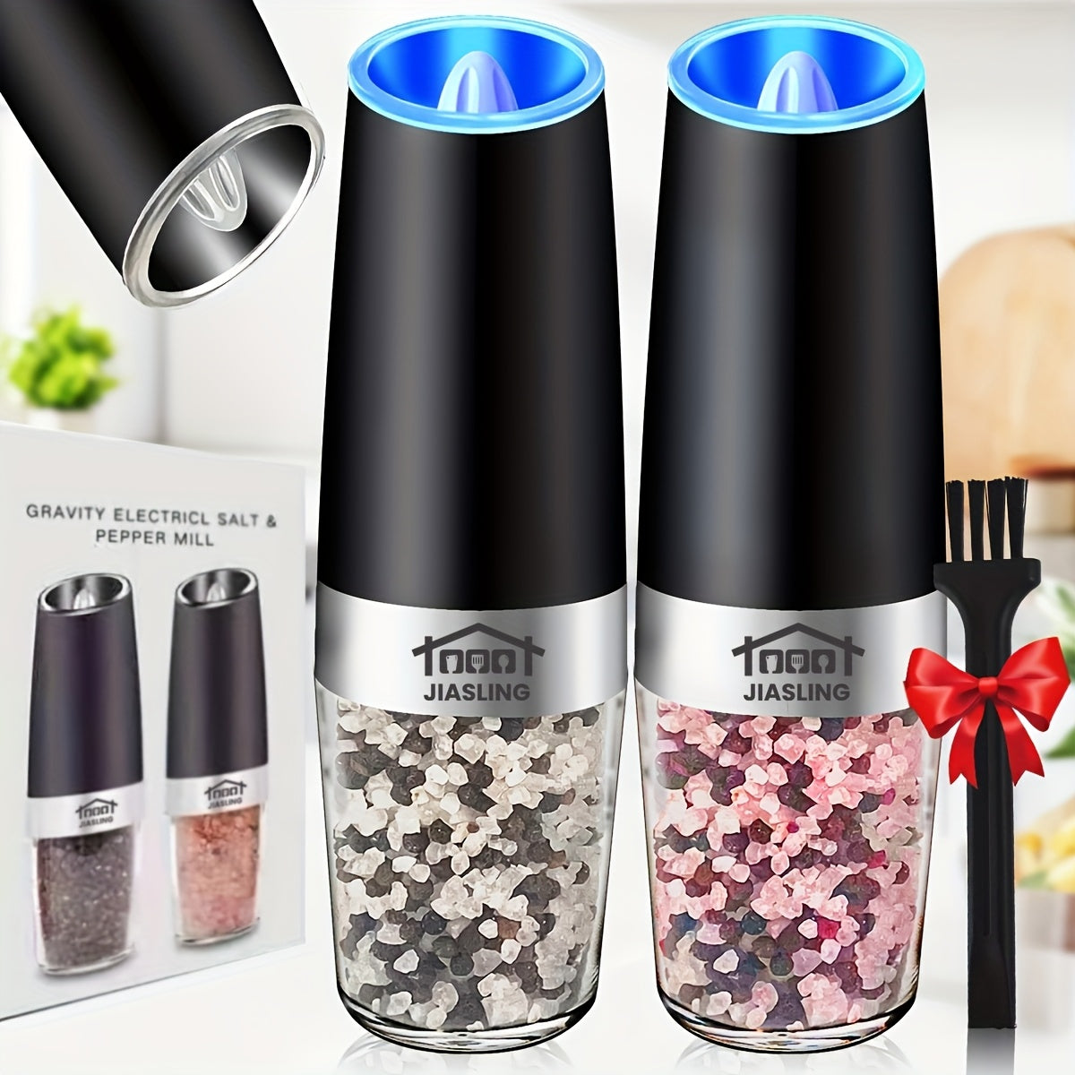 2PCS Gravity-powered Electric Salt and Pepper Grinder Battery-powered LED Light One-handed Automatic Operation Adjustable Coarse Grinder Grinder Black Rocking Chair Creative Kitchen Gadget Gift Battery-powered to Choose
