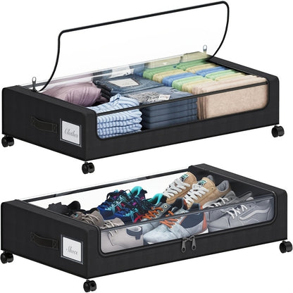 Under Bed Storage Set, 2Pack Under Bed Storage with Wheels And 4Pack 23.78gal Under Bed Storage Containers, Foldable Closet Organizers And Storage with Label Holder for Clothing, Blankets, Books, Shoes, Comforter & Pillows, Under-Bed Storage