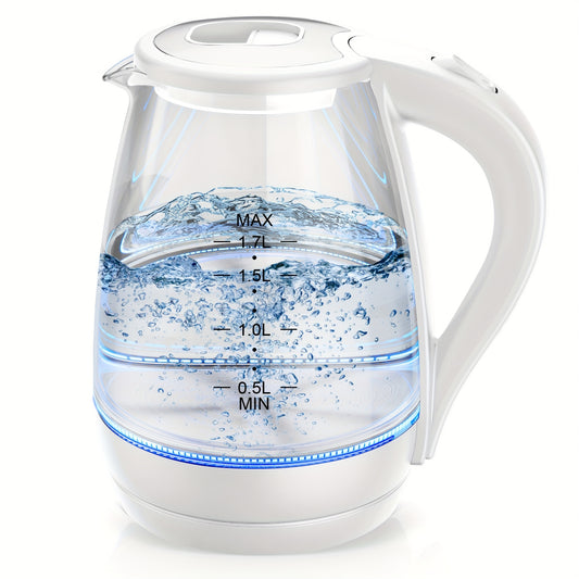Glass Electric Kettle 1200W Borosilicate with Blue LED Glow - 57.48oz 1.7L Fast Boil BPA-Free Auto Shut-Off Boil-Dry Protection, Transparent Electric Tea Kettle for Home Office RV Camping Kitchen Gift