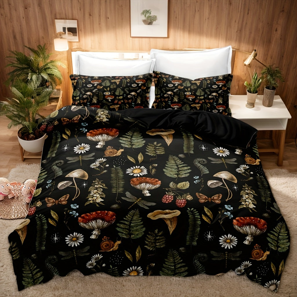 A Bedding And Quilt Cover Set Featuring a 3pcs Design with a Forest Mushroom Pattern Made of Polyester, Ideal for Bedrooms And Guest Accommodations. The Quilt Cover Is Soft And Cozy