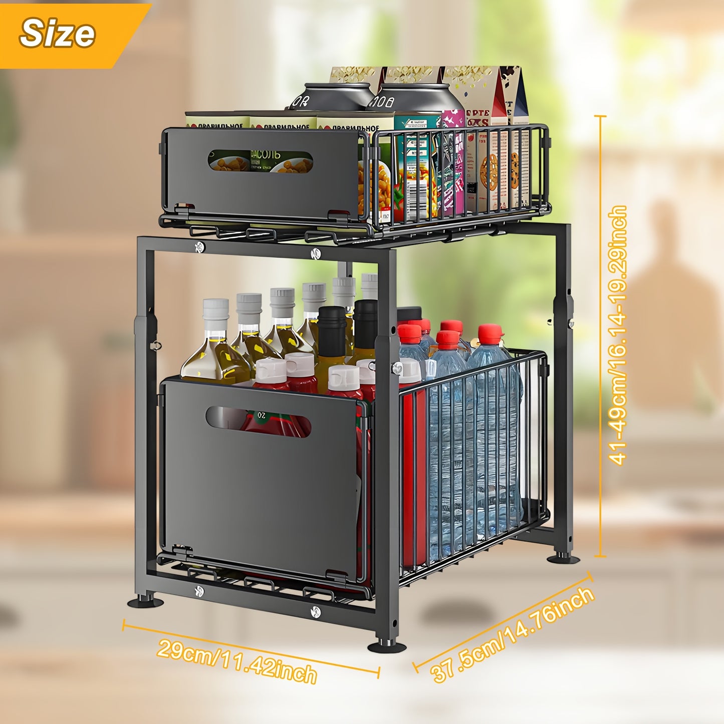 [1pc Black Pull Out Drawer] 1pc Black Pull Out Drawer For Kitchen Cabinet, 2-Tier No Drill Roll Out Organizer, Space-Saving Cabinet Organizer For Home Kitchen Use, Slide Out Shelves For Pantry Storage
