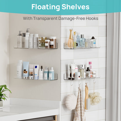 Acrylic Floating Shelves for Wall 4-Pack with 4 Hooks | Clear Wall Mounted Display Shelf Organizer | Bathroom Bedroom Living Room Kitchen Decor | Invisible Floating Wall Shelf Storage Set