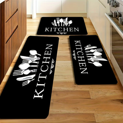 3pcs Kitchen Alphabet Theme Mat Set, Knife And Fork Pattern, Musthave for Home, Non Slip, Soft, Easy to Clean, Suitable for Bedrooms, Living And Dining Room, Kitchen, Bathroom, Gift for Friend And Family, Kitchen Accessories, Father's Day Gift