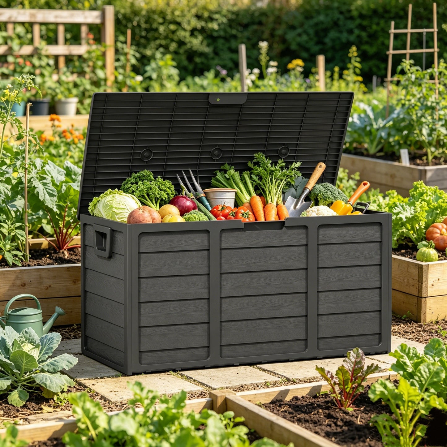 75 Gallon Outdoor Storage Box Deck Box with Handles | Large Waterproof Lockable Cabinet for Pool Accessories, Garden Tools & Camping Gear – Easy Assembly Yard Storage Bin, Pure Black