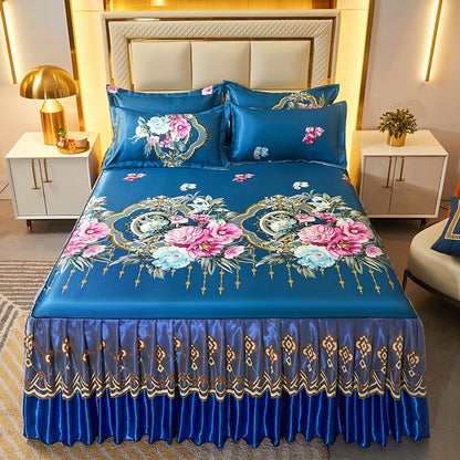 3pcs Double Layer Ruffle Bed Skirt Style Cool Mat Three Piece Set with Pillowcase Washable High Weight 360° Full Wrap