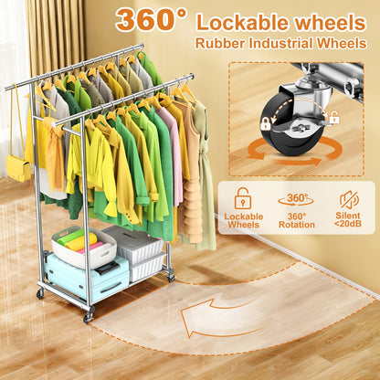 Sturdy Metal Double Rodding Clothes Rack With Wheels, Portable Clothing Rack With Shelves & Hooks, Heavy Duty Garment Racks For Hanging Clothes, Multi-Functional Closet Rack For Bedroom, Black