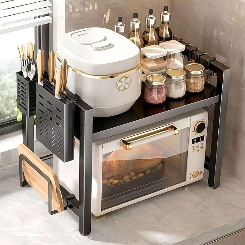 1 Space-Saving Black Metal Kitchen Storage Rack with Extendable Shelves - Multi-Functional Organizer for Microwave, Electric Cooker, Spices, Bowls, Chopsticks, And Cups - Durable, Strong Load-Bearing, Microwave Rack, Practical Shelf