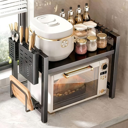 1 Space-Saving Black Metal Kitchen Storage Rack with Extendable Shelves - Multi-Functional Organizer for Microwave, Electric Cooker, Spices, Bowls, Chopsticks, And Cups - Durable, Strong Load-Bearing, Microwave Rack, Practical Shelf