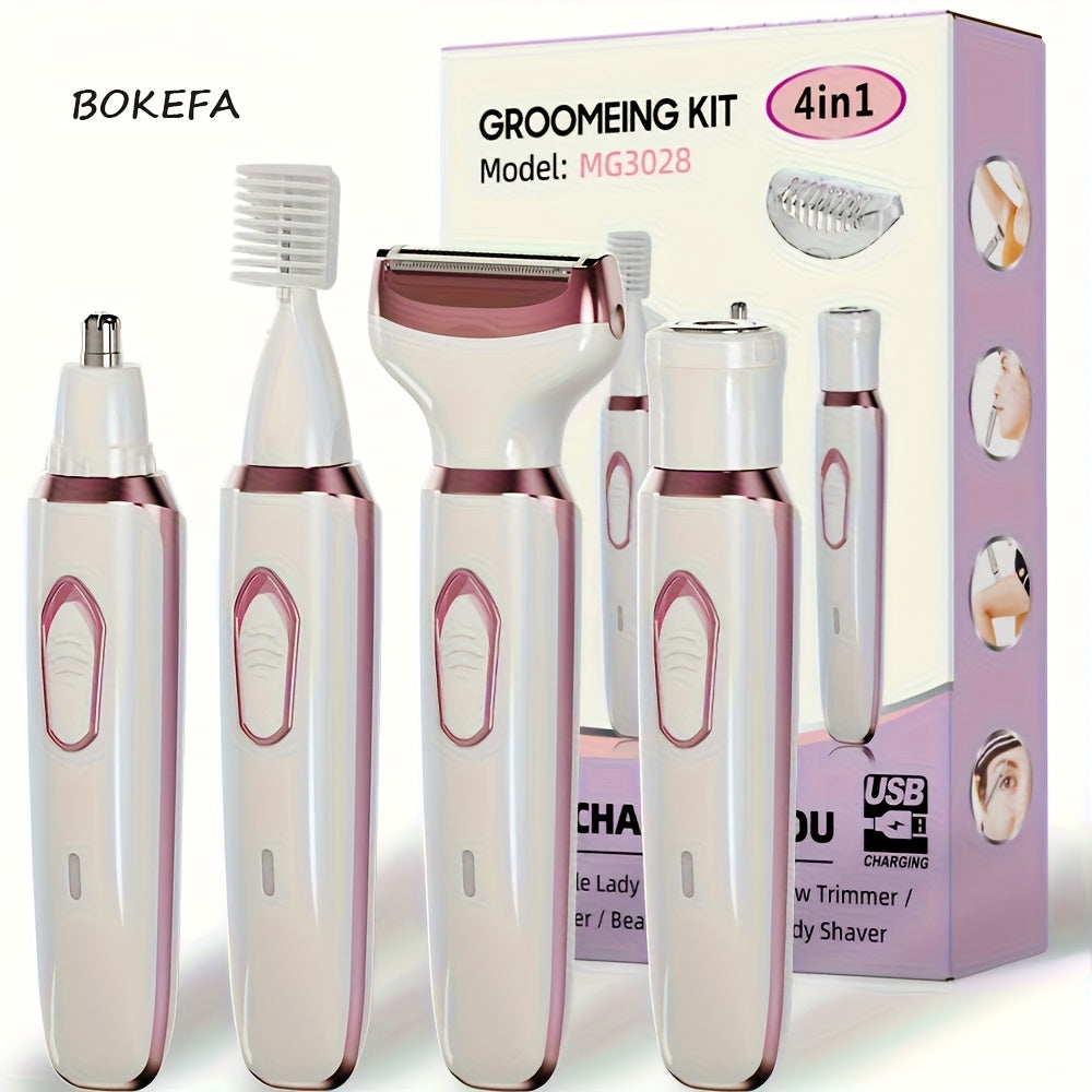 Rechargeable Electric Razor for Women, 4-in-1 Painless Grooming Kit, Wet & Dry, Face Nose Legs Underarm Bikini Trimmer, Portable & Rechargeable