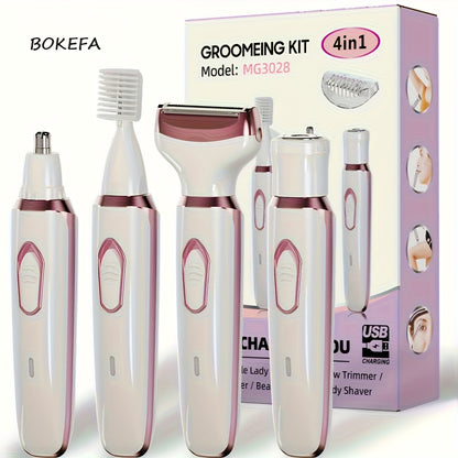 Rechargeable Electric Razor for Women, 4-in-1 Painless Grooming Kit, Wet & Dry, Face Nose Legs Underarm Bikini Trimmer, Portable & Rechargeable