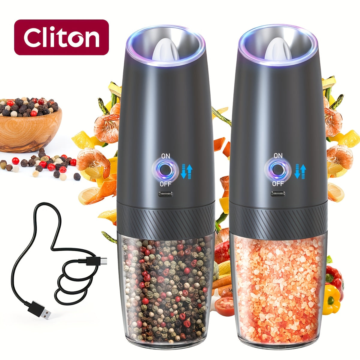 [Holiday Gift] CLITON 1/2pcs Gravity-Sensing Electric Salt And Pepper Grinder, USB Rechargeable, LED Light, One-Hand Operation, Adjustable Coarseness Grinding, Rechargeable Electric Salt And Pepper Grinder Set, Holiday Gift, Optional Battery-Powered Versi
