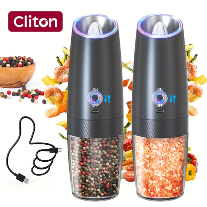 [Holiday Gift] CLITON 1/2pcs Gravity-Sensing Electric Salt And Pepper Grinder, USB Rechargeable, LED Light, One-Hand Operation, Adjustable Coarseness Grinding, Rechargeable Electric Salt And Pepper Grinder Set, Holiday Gift, Optional Battery-Powered Versi