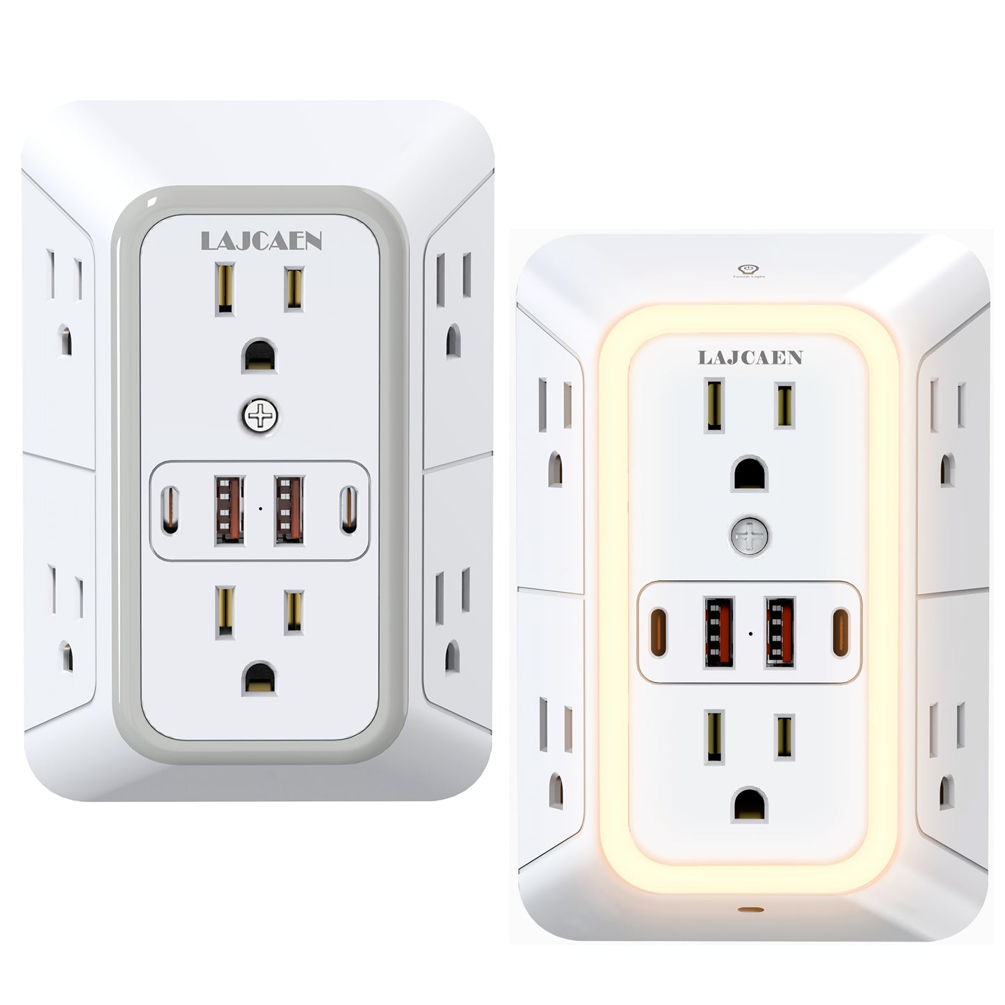 Outlet Splitter Wall Expander 10-in-1 with 6 AC Outlets 2 USB-A 2 USB-C Ports 3-Sided Plug Extender Surge Protector Night Light Compact Space-Saving Design for Home Dorm Apartment Office