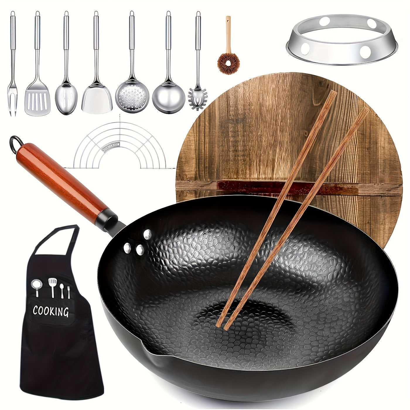 14pcs Set, Cast Iron Cookware Frying Pan 12.6 Inch With 13 Cookware Accessories, Frying Pan Flat Bottomed Wok Suitable For All Stoves, Kitchen Utensils, Kitchen Tools, Kitchen Accessories, Kitchen Supplies Camping