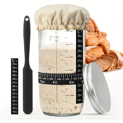 1/2pcs Fermentation Jar 24oz, Glass Jar with Auxiliary Label, Fermentation Jar Kit Set, Thermometer, with Scraper, Stitched Cloth Lid and Aluminum Lid, Suitable for Bread Baking Supplies, Juice Fermentation Glass Jar