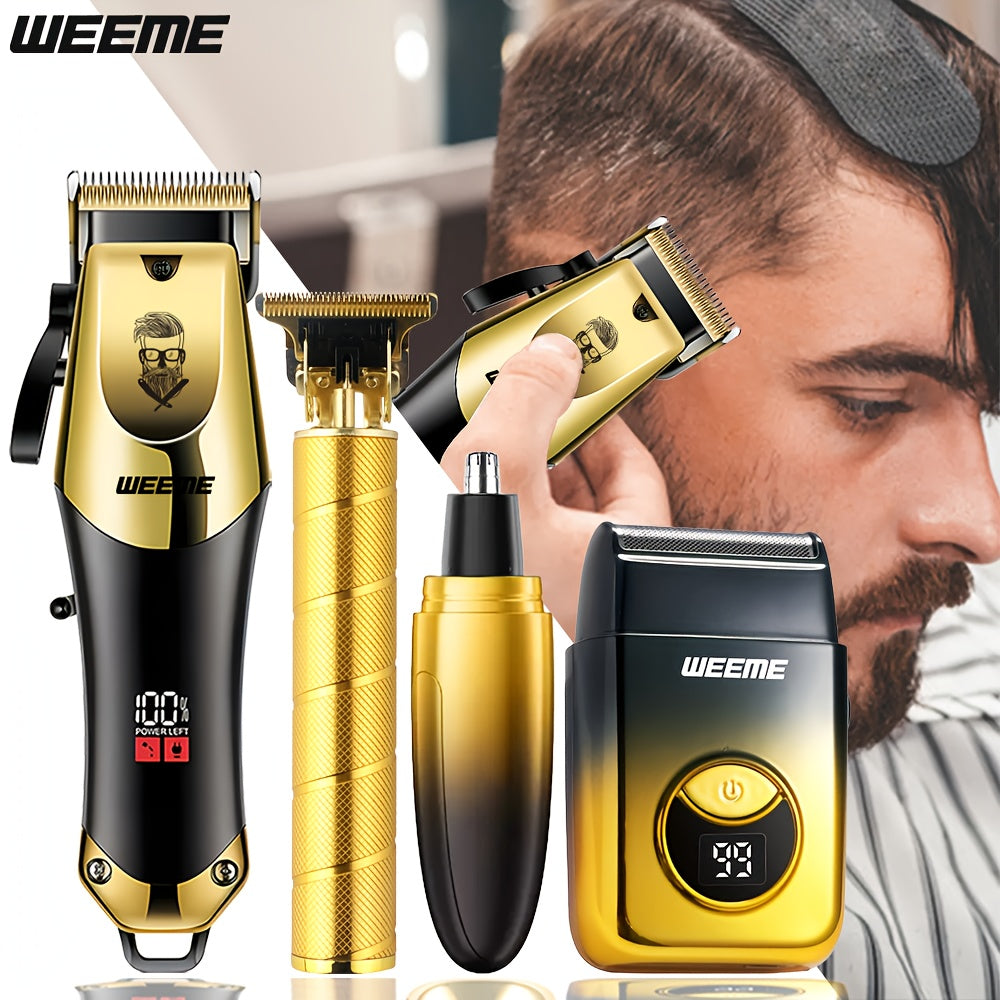 WEEME 4pcs/1pc Golden Men'S Grooming Kit - Professional USB Hair Clipper Set With Nose Trimmer, Electric Shaver, Detail Trimmer, Ideal Father'S Day Gift, Supports USB Charging, Includes 8Limit Combs, Perfect For Halloween Day And Christmas Gifts