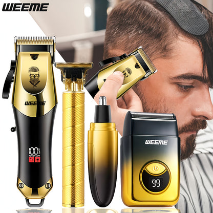 WEEME 4pcs/1pc Golden Men'S Grooming Kit - Professional USB Hair Clipper Set With Nose Trimmer, Electric Shaver, Detail Trimmer, Ideal Father'S Day Gift, Supports USB Charging, Includes 8Limit Combs, Perfect For Halloween Day And Christmas Gifts