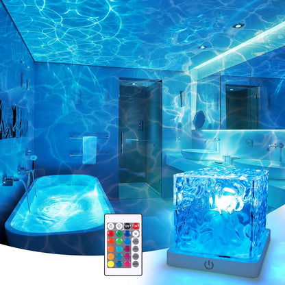 RGB Night Light Rechargeable 16-Color Ocean Wave Projection Lamp - Rotating Flame Water Ripple Remote Dimming for Bedroom Bar Restaurant Display Cabinet Decor