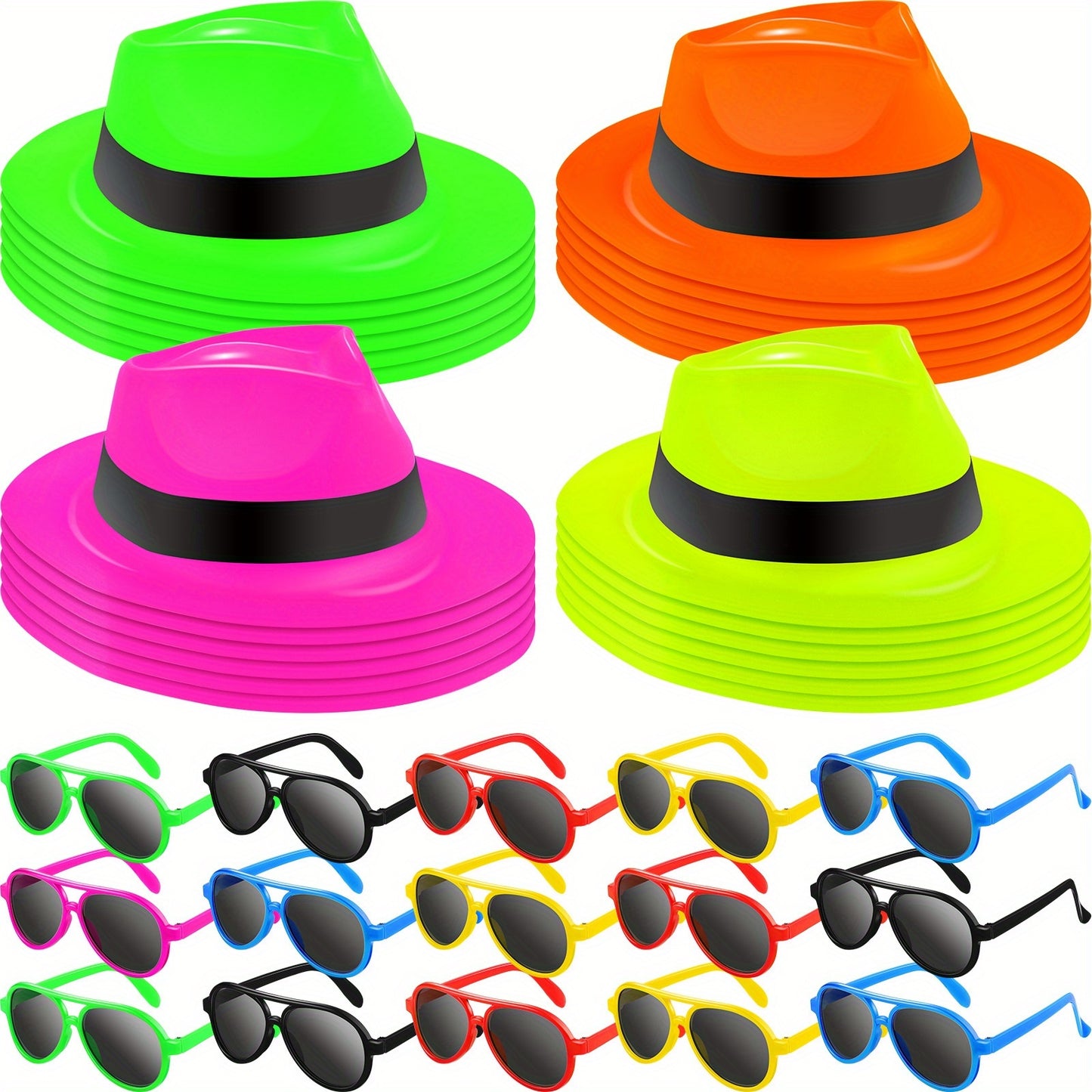 48pcs Neon Party Supplies: 24 Glowing Hats, 24 Sunglasses - Perfect for Birthday, Gangster Or Music Themed Events