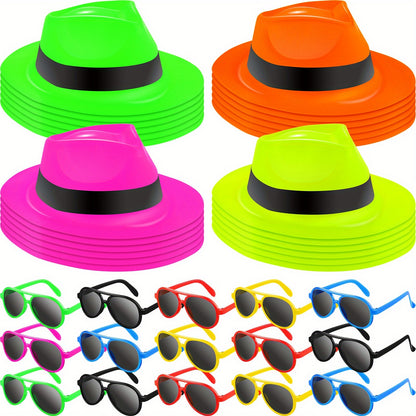 48pcs Neon Party Supplies: 24 Glowing Hats, 24 Sunglasses - Perfect for Birthday, Gangster Or Music Themed Events