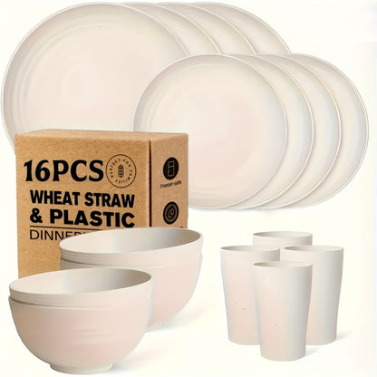 32/16pcs Dinnerware Sets Made from Wheat Straw, Including Plates And Bowls for 8 People, Featuring Black Plastic Dinnerware That Is Safe for Microwave And Dishwasher Use. This Dish Set Is Perfect for Valentine'S Day And Serves As a Durable Party Tab