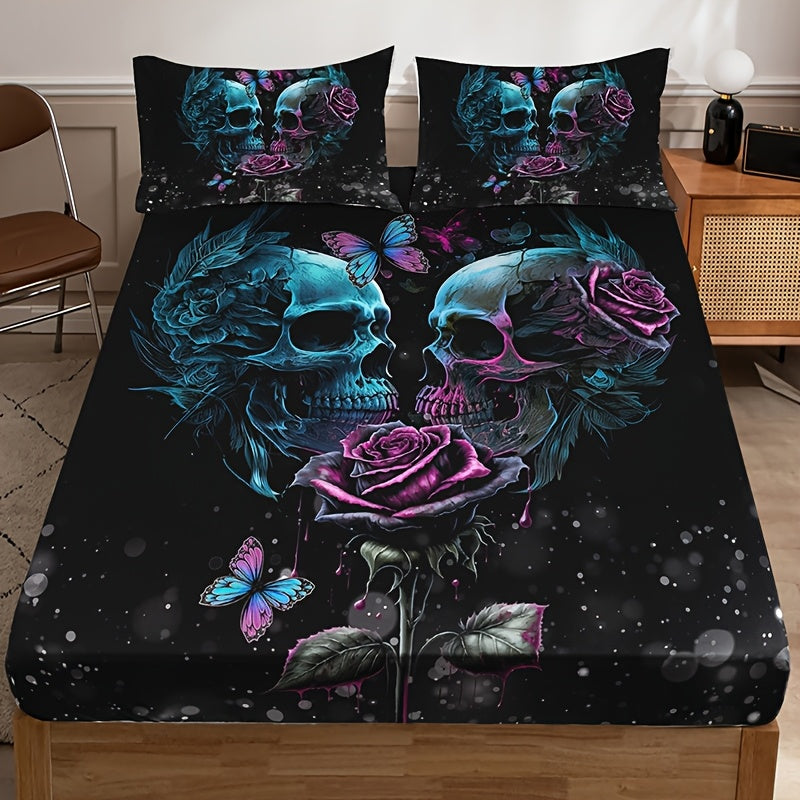 3pcs Halloween Series Gothic Romantic Skull Rose Fitted Sheet Set - 1 Fitted Sheet + 2 Pillowcases (Pillow Inserts Not Included), 15" Deep Pocket, Machine Washable, Hypoallergenic, High Quality, HD Print for Home, Bedroom, Dorm, Suitable for All
